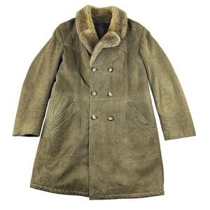 Vintage Shearling Coat 70s Suede Brown Double Breasted Mid Length Mens M
